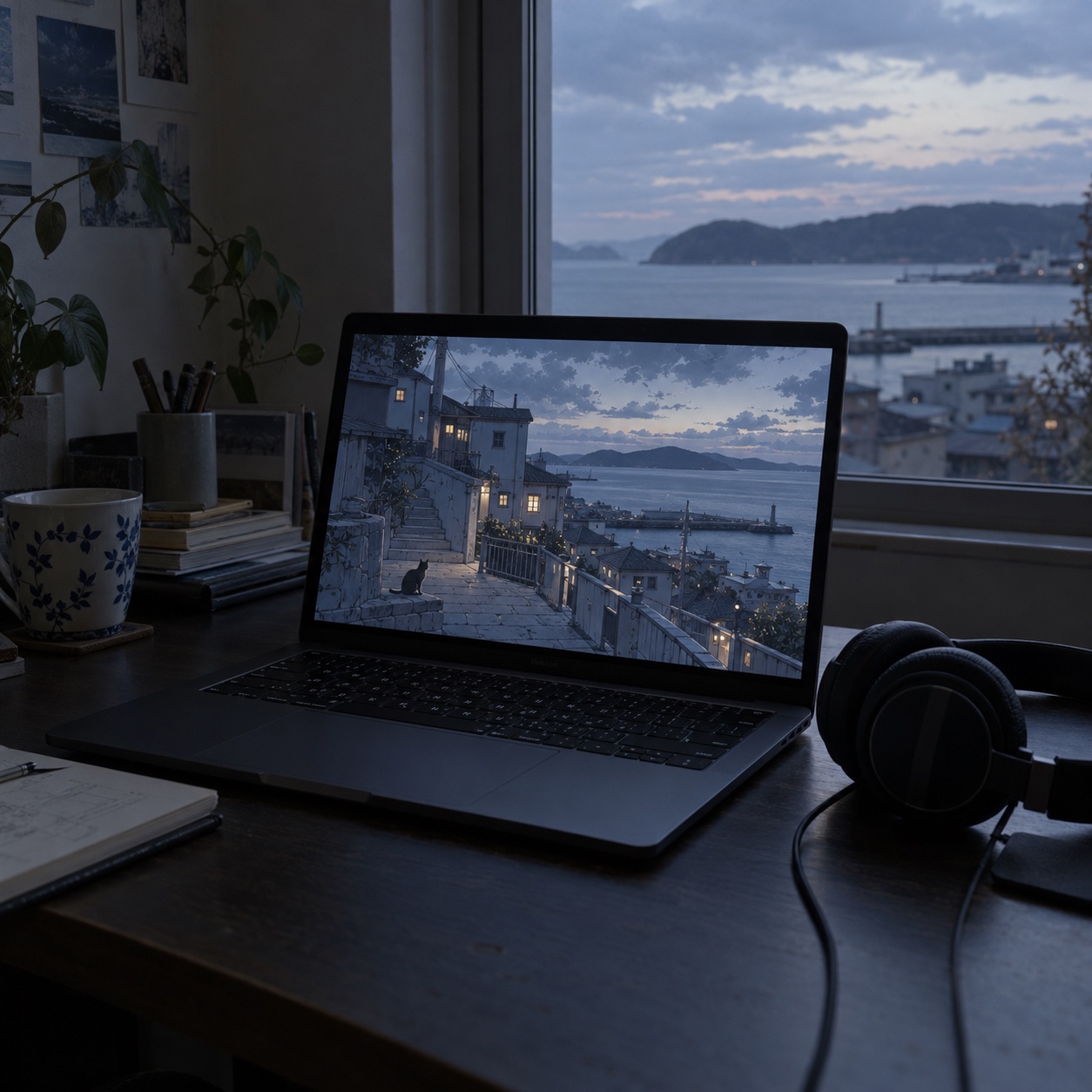 A quiet evening desk with an anime scene playing on a laptop