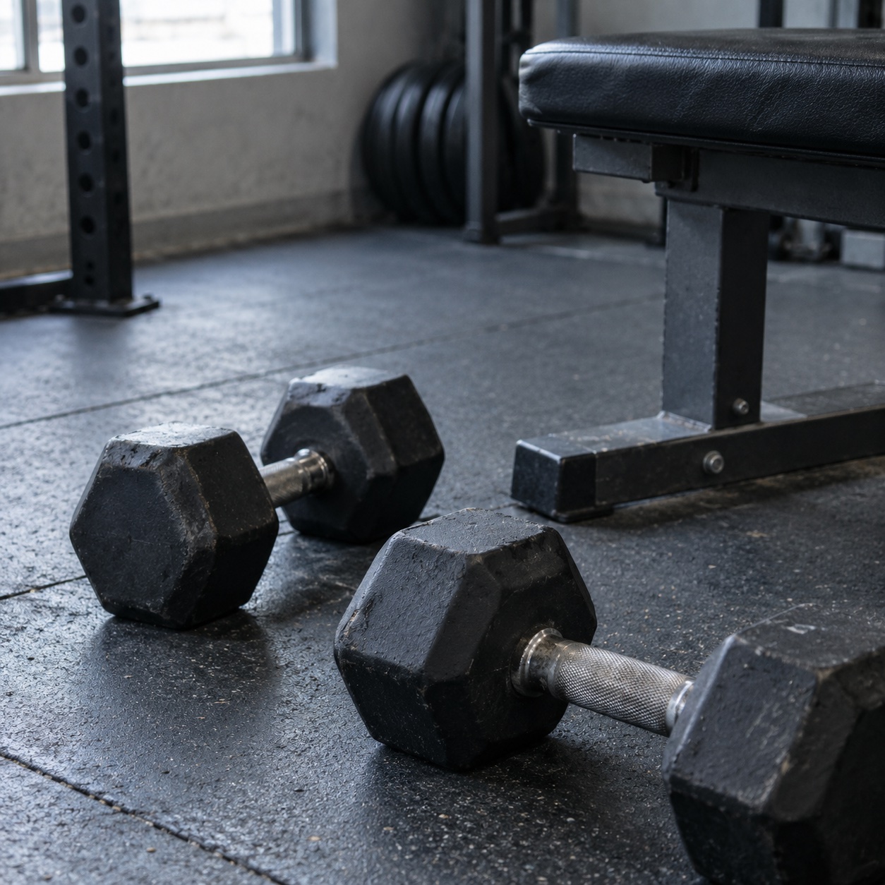 Worn dumbbells on a gym floor in cool window light